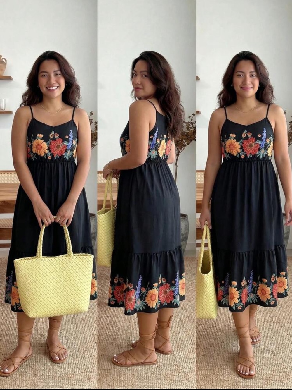 SHEINCurve Black Midi Dress with Multicolor Floral Print